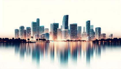 Miami skyline at dusk with illuminated buildings reflecting in the water. The cityscape is set against a white background, highlighting the urban architecture