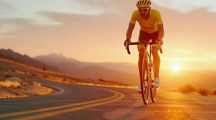 Cyclist pushing uphill on a winding road, vibrant sunset, telephoto lens, intense concentration, road s curve, determination in expression,