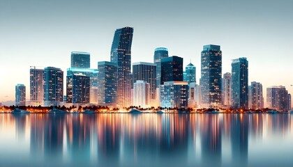 Naklejka premium Miami skyline at dusk with illuminated buildings reflecting in the water. The cityscape is set against a white background, highlighting the urban architecture