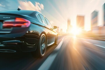 luxury car riding fast on the highway with blurred cityscape background and sunlight