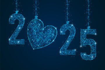 Abstract isolated blue image of new year number 2025. Polygonal low poly wireframe illustration looks like stars in the black night sky in space or flying glass shards. Digital web, internet design.