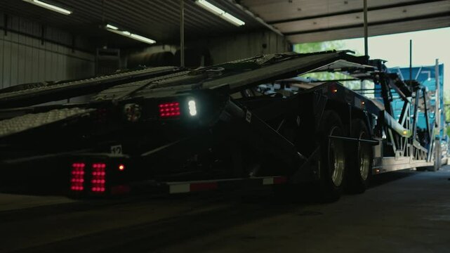 Double deck car hauler trailer exiting repair shop after maintenance.