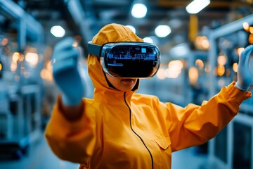 A person wearing a virtual reality headset engages with immersive technology in a modern industrial setting.