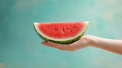 Hand holding a watermelon slice, focusing on its rich texture and vibrant color.