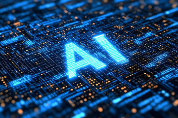 AI Technology Digital Circuit Board with Blue Lights