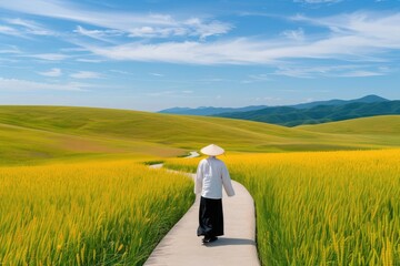 Humble pilgrim walking along a winding path, serene landscape, wide shot, gentle breeze, sense of journey, spiritual reflection, vibrant horizon,