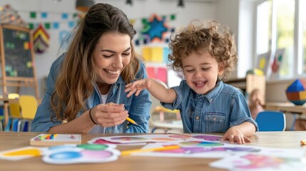 Humble teacher guiding a child in a classroom, bright educational space, medium shot, patient expression, vibrant learning tools, sense of guidance,
