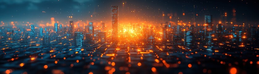 Obraz premium Futuristic cityscape with stacked cubes illuminated by blue and orange lights, creating a digital environment