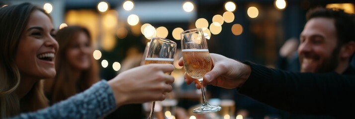 Friends cheer with champagne during a vibrant night party, capturing joy and the spirit of celebration.