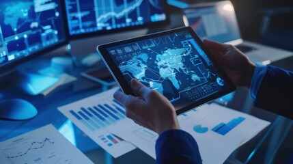 Fototapeta premium Businessman Analyzing Global Data on Tablet