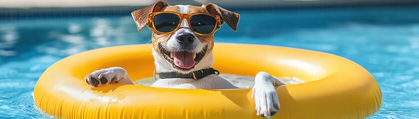 Happy dog floating in a yellow pool ring, sunglasses on, enjoying a sunny day by the pool