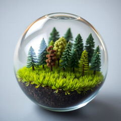 A glass globe filled with miniature trees and a tiny field of meticulously crafted grass