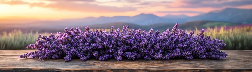 Fototapeta premium Lavender bundle on a rustic wooden table with purple fields and mountains in the background