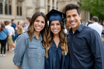 Parents beam with pride as their graduate poses in front of a traditional academic building, a timeless portrait capturing the essence of achievement