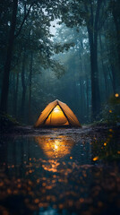 Illuminated Tent Camping in a Rainy Forest Photo