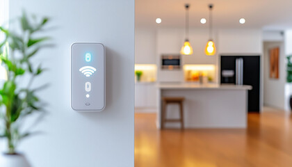 Modern smart thermostat mounted on a wall in a sleek kitchen, showcasing technology in home comfort and energy management.