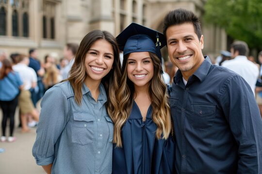 Parents beam with pride as their graduate poses in front of a traditional academic building, a timeless portrait capturing the essence of achievement