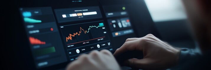 Hands interacting with a digital dashboard showing graphs, analytics, and data, highlighting modern technology use.