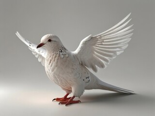 Fototapeta premium A white pigeon in mid-flight, wings fully spread, displaying intricate feather details against a plain background. AI generated.