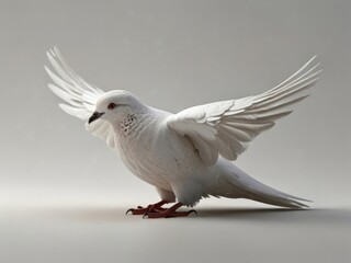 Fototapeta premium A white pigeon in mid-flight, wings fully spread, displaying intricate feather details against a plain background. AI generated.