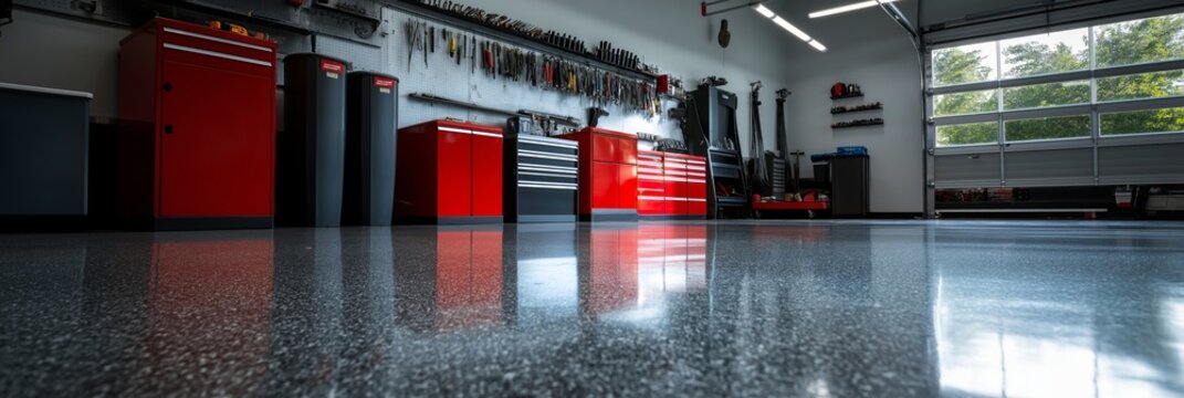 A sleek auto garage with red storage drawers and cabinets, a variety of tools on the wall, and a reflective floor.