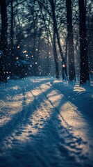 Enchanted winter path with falling snowflakes at dusk
