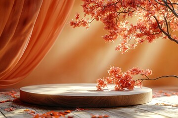 Elegant circular platform with autumn leaves, perfect for Halloween-themed product displays or seasonal branding with ample copy space.