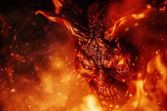 Scary demon monster in hell fire blurred background