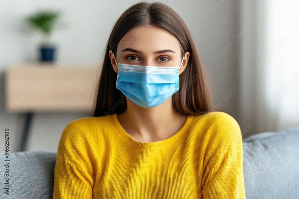 Wall mural Young woman in yellow sweater wearing protective face mask