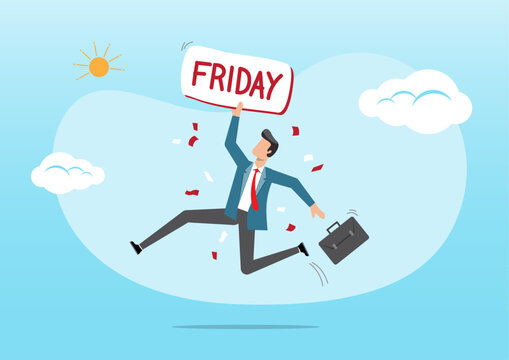 joyful businessman jumping while holding Friday sign