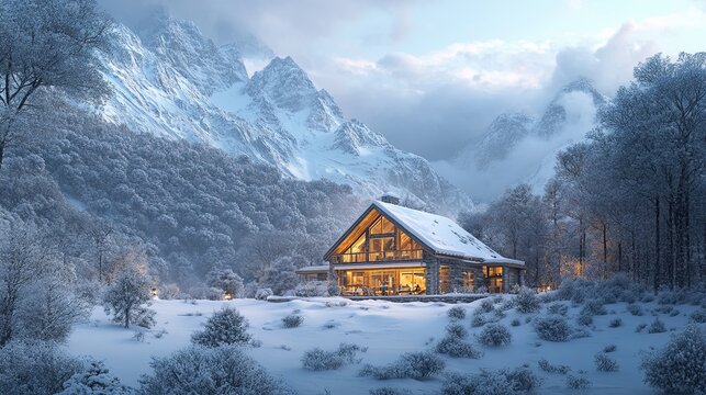 A 3D visualization of a cozy cabin nestled in a snowy mountain landscape, creating a sense of warmth and tranquility.