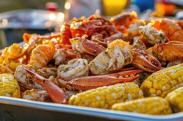 Caribbean seafood boil with shrimp, crab legs, and corn on the cob