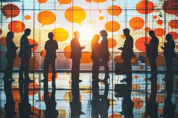 Silhouette of business people with speech bubble, office communication