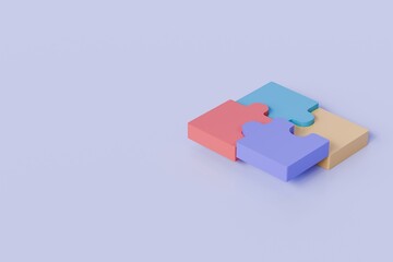 3d jigsaw puzzle piece icon on isolated purple background. Problem-solving idea solution. Teamwork collaboration concept. jigsaw puzzle connecting working together. Minimal jigsaw icon. 3d render.