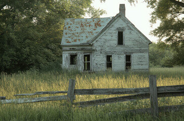 Fototapeta premium Deserted farmhouse engulfed by tall grass with peeling paint and decaying walls