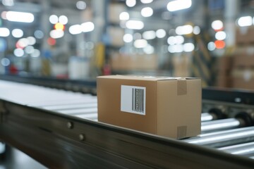 Single cardboard box with a shipping label and barcode, with a blurred background of a conveyor belt