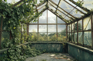 Deserted greenhouse covered in ivy with shattered glass and decaying structure