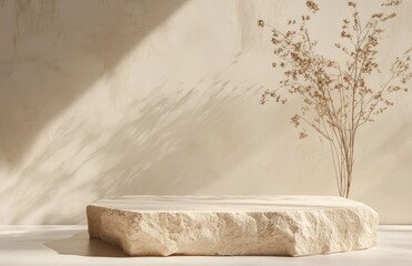 podium stone background rock product display pedestal 3d platform cosmetic scene white abstract stand stage mockup minimal nature beige flower studio gray beauty texture brown empty skin neutral dry 