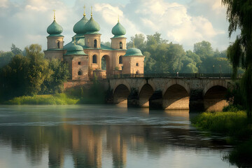Fototapeta premium Stone Bridge with Ancient Cathedral and River Reflection