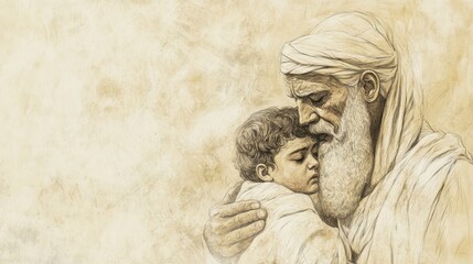 Naklejka premium Exodus:The Plague on the Firstborn,Exodus: Pharaoh Holds Deceased Firstborn Son, Palace in Sorrow - Biblical Illustration, Bible Wall Art, Beige Background - Plague on Firstborn