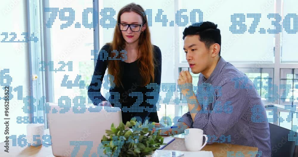 Wall mural animation of data processing over diverse colleagues talking in office