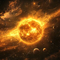 Obraz premium Yellow dwarf star resembling our sun, surrounded by planets, stars, solar analogues
