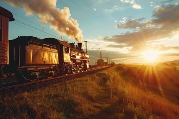 Fototapeta premium steam locomotive train on nature sunny background