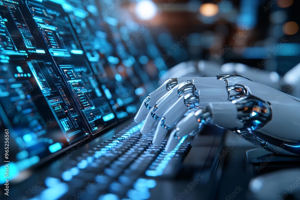 Poster a futuristic robot hand typing on a keyboard, symbolizing advanced technology and artificial intelli