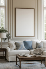 Obraz premium Frame mockup, Poster mockup, classic living room interior, luxury living room interior, frame, sofa
