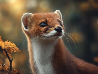 Detailed close up of Weasel, Mustela, in a forest habitat