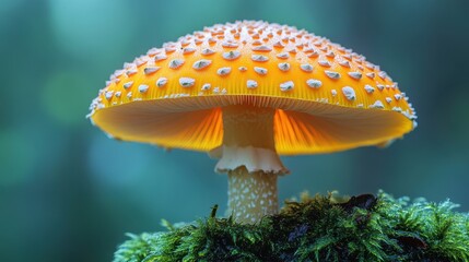 Close-Up of a Beautiful Orange Mushroom in a Mossy Forest, Captured in Macro Photography with Vibrant Colors and a Green Background, Highly Detailed