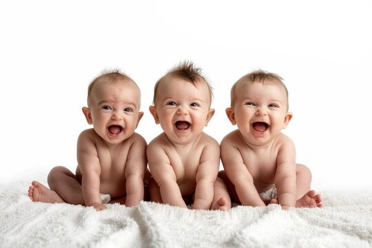 triplets babies sits with funny faces