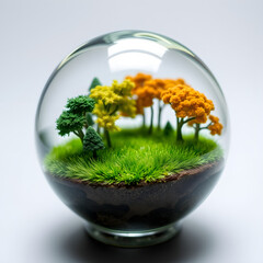 A glass globe filled with miniature trees and a tiny field of meticulously crafted grass