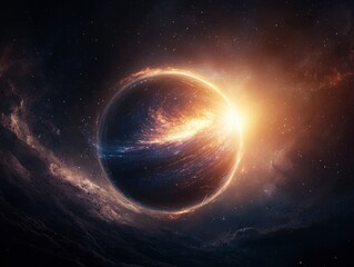 Obraz premium Futuristic Dyson sphere enveloping a star, stunning view of a planet emerging from swirling cosmic clouds, illuminated by a distant star, showcasing the beauty of the universe.